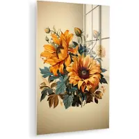 MuchoWow Glasschilderij 40x60 cm - Schilderij acrylglas - Vintage - Bloemen - Zonnebloemen - Beige - Natuur - Foto op glas - Muurdecoratie woonkamer - Wanddecoratie slaapkamer - Schilderijen