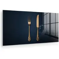 MuchoWow Glasschilderij 120x60 cm - Schilderij acrylglas - Bestek - Donkerblauw - Goud - Foto op glas - Muurdecoratie woonkamer - Wanddecoratie slaapkamer - Schilderijen