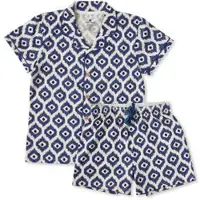 Little label shortama blauw Meisjes Stretchkatoen Klassieke kraag All over print - maat 122/128