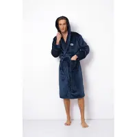 Aruelle Luxe badjas heren – blauwe badjas met capuchon – borst borduring van kroon - herenbadjas zacht – luxury bathrobe – 100% fleece – maat XXL