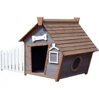 Dobar Buitenren voor honden met puntig dak en zijterras, stripontwerp,hout, 146,3 x 90 x 96 cm