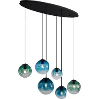 QAZQA Art Deco Hanglamp Zwart met Ovale Plafondplaat en Groen en Blauw Glas 6-Lichts - Douglass