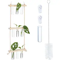 Relaxdays stekstation - hangend - 3 niveaus - stek vaasjes met houten rekje - natuur-transparant