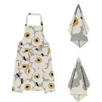 Marimekko Unikko jubileum schort + keukenhanddoek 3-delig Grey-linen-straw-dark blue