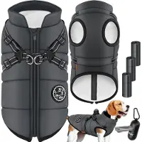 LOVPET Hondenjas Hondenvacht met Harnas Waterafstotend, incl. 45 Stuks Poepzak + Dispenser, Winter Vest Hond Waterdicht Gevoerd, Gewatteerd Vest Met Borstband, Reflectoren, D-Ring - Antraciet / 5XL