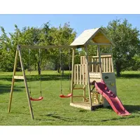 Wendi Toys Houten speeltoren flamingo | met glijbaan, klimwand, 2 schommels &