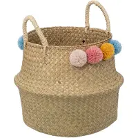 Atmosphera Speelgoed Opbergmand - Pompoms - met handgreep - riet - opvouwbaar - 33 x 28 x 33 cm