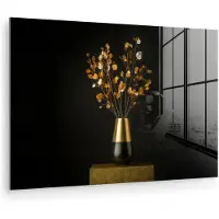MuchoWow Glasschilderij 180x120 cm - Schilderij acrylglas - Goudbruine - Bladeren - Vaas - Herfstachtig - Foto op glas - Muurdecoratie woonkamer - Wanddecoratie slaapkamer - Schilderijen