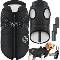 LOVPET Hondenjas Hondenvacht met Harnas Waterafstotend, incl. 45 Stuks Poepzak + Dispenser, Winter Vest Hond Waterdicht Gevoerd, Gewatteerd Vest Met Borstband, Reflectoren, D-Ring - Zwart / 4XL