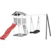 Axi Beach Tower Speeltoestel van hout in Grijs en Wit | Speeltoren met zandbak, nestschommel en rode Glijbaan | Speelhuis op palen voor de tuin