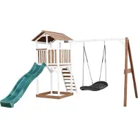 Axi Beach Tower Speeltoren met Roxy Nestschommel Bruin/wit - Groene Glijbaan