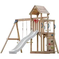 Axi Moos Compleet Speeltoestel met 2 Schommels, Touwladder | Speeltoren tuin met schommels/zandbak/klimmuur/Glijbaan Wit | Speelhuis van hout op palen voor buiten