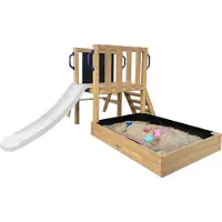 Axi Leah Mini Speeltoren van hout in bruin met witte Glijbaan | Kleine Speeltoren met Zandbak, Picknicktafel en Krijtbord | Multifunctioneel speeltoren voor in de tuin