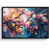 PosterMonkey Poster in lijst - Fotolijst 120x80 cm - Posters - Bloemen - Tak - Artistiek - Roze - Posterlijst zwart - Decoratie - Wanddecoratie woonkamer - Muurdecoratie slaapkamer