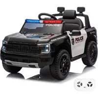 Vrooomy Ford Raptor politie elektrische kinderauto 12V (1–5 jaar) – Officieel gelicenseerd, met afstandsbediening, Bluetooth, sirene en lederen stoel – Elektrische kinderauto – Zwart