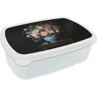 MuchoWow Broodtrommel Wit - Lunchbox Roze - Bloemen - Vaas - Kleuren - Brooddoos 18x12x6 cm - Brood lunch box - Broodtrommels voor kinderen en volwassenen