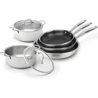 QDESIGN Set van 3 RVS triply pannen 20 + 24 + 28 cm met non-stick honeycomb coating + 2 kookpotten 22 + 26 cm + 3 glazen deksels 22 + 26 cm - Zilver / Zwart / Transparant
