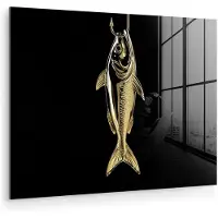 MuchoWow Glasschilderij 160x120 cm - Schilderij acrylglas - Goud - Vis - Haak - Zwart - Foto op glas - Muurdecoratie woonkamer - Wanddecoratie slaapkamer - Schilderijen