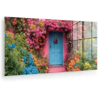 MuchoWow Glasschilderij 160x80 cm - Schilderij acrylglas - Bloemen - Deur - Roze - Foto op glas - Muurdecoratie woonkamer - Wanddecoratie slaapkamer - Schilderijen