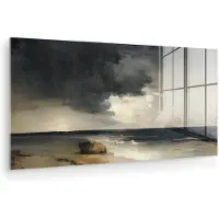 MuchoWow Glasschilderij 80x40 cm - Schilderij acrylglas - Kust - Golven - Rots - Storm - Foto op glas - Muurdecoratie woonkamer - Wanddecoratie slaapkamer - Schilderijen