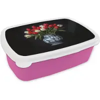 MuchoWow Broodtrommel Roze - Lunchbox Rode - Bloemen - Tulpen - Vaas - Brooddoos 18x12x6 cm - Brood lunch box - Broodtrommels voor kinderen en volwassenen