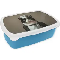 MuchoWow Broodtrommel Blauw - Lunchbox Kat - Kokskleding - Zwart - Wit - Brooddoos 18x12x6 cm - Brood lunch box - Broodtrommels voor kinderen en volwassenen