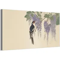 MuchoWow Aluminium schilderij 80x40 cm - Wanddecoratie metaal - Specht - Bloemen - Paars - Metalen muurdecoratie woonkamer - Decoratie industrieel - Foto op dibond - Industriële accessoires slaapkamer