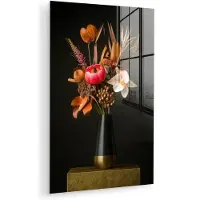 MuchoWow Glasschilderij 120x180 cm - Schilderij acrylglas - Boeket - Oranje - Gouden - vaas - Foto op glas - Muurdecoratie woonkamer - Wanddecoratie slaapkamer - Schilderijen
