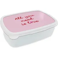 MuchoWow Broodtrommel Wit - Lunchbox Tekst - Roze - Love - Hart - Brooddoos 18x12x6 cm - Brood lunch box - Broodtrommels voor kinderen en volwassenen