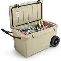 Costway 71 l draagbare koelbox, grijs, incl. aluminium handvat en grote wielen, warmtecontainer met flesopener en afvoersysteem, thermobox, belastbaar tot 100 kg, voor camping, picknick, vissen