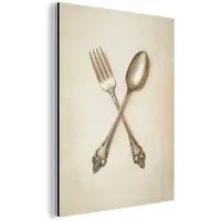 MuchoWow Aluminium schilderij 60x80 cm - Wanddecoratie metaal - Beige - Vintage - Bestek - Metalen muurdecoratie woonkamer - Decoratie industrieel - Foto op dibond - Industriële accessoires slaapkamer