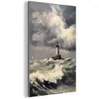 MuchoWow Aluminium schilderij 120x180 cm - Wanddecoratie metaal - Vuurtoren - Golven - Storm - Metalen muurdecoratie woonkamer - Decoratie industrieel - Foto op dibond - Industriële accessoires slaapkamer