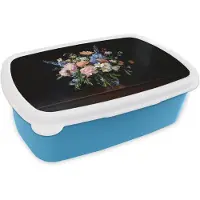 MuchoWow Broodtrommel Blauw - Lunchbox Pastel - Bloemen - Glazen - Vaas - Brooddoos 18x12x6 cm - Brood lunch box - Broodtrommels voor kinderen en volwassenen