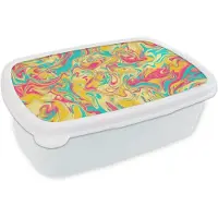 MuchoWow Broodtrommel Wit - Lunchbox Geel - Roze - Blauw - Retro - Brooddoos 18x12x6 cm - Brood lunch box - Broodtrommels voor kinderen en volwassenen
