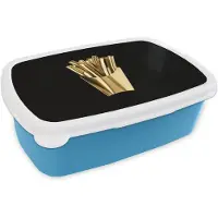 MuchoWow Broodtrommel Blauw - Lunchbox Friet - Goud - Chrome - Eten - Brooddoos 18x12x6 cm - Brood lunch box - Broodtrommels voor kinderen en volwassenen