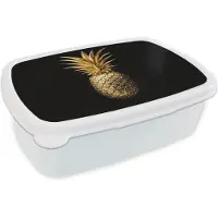 MuchoWow Broodtrommel Wit - Lunchbox Ananas - Zwart - Goud - Luxe - Brooddoos 18x12x6 cm - Brood lunch box - Broodtrommels voor kinderen en volwassenen