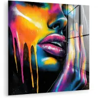 MuchoWow Glasschilderij 50x50 cm - Schilderij acrylglas - Vrouw - Gezicht - Verf - Kunstzinnig - Foto op glas - Muurdecoratie woonkamer - Wanddecoratie slaapkamer - Schilderijen