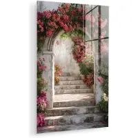 MuchoWow Glasschilderij 80x120 cm - Schilderij acrylglas - Doorkijk - Rozen - Vintage - Poort - Foto op glas - Muurdecoratie woonkamer - Wanddecoratie slaapkamer - Schilderijen