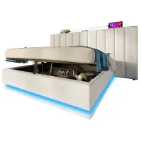 Merax Gestoffeerd Bed 160×200 met App-gestuurde LED Verlichting - USB-C Ladefunctie en Opbergruimte – Kunstleer Wit - Zonder Matras en Nachttafel