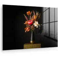 MuchoWow Glasschilderij 180x120 cm - Schilderij acrylglas - Boeket - Oranje - Gouden - vaas - Foto op glas - Muurdecoratie woonkamer - Wanddecoratie slaapkamer - Schilderijen