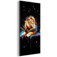 MuchoWow Aluminium schilderij 80x160 cm - Wanddecoratie metaal - Leeuw - Kleurrijk - Spetters - Metalen muurdecoratie woonkamer - Decoratie industrieel - Foto op dibond - Industriële accessoires slaapkamer