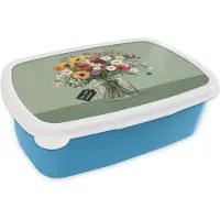 MuchoWow Broodtrommel Blauw - Lunchbox Bloemen - Vaas - Kaartje - Brooddoos 18x12x6 cm - Brood lunch box - Broodtrommels voor kinderen en volwassenen