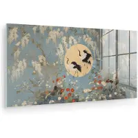 MuchoWow Glasschilderij 120x60 cm - Schilderij acrylglas - Kraanvogels - Maan - Bloemen - Blauw - Foto op glas - Muurdecoratie woonkamer - Wanddecoratie slaapkamer - Schilderijen
