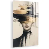 MuchoWow Glasschilderij 20x30 cm - Schilderij acrylglas - Vrouw - Hoed - Verf - Foto op glas - Muurdecoratie woonkamer - Wanddecoratie slaapkamer - Schilderijen