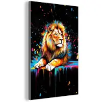 MuchoWow Aluminium schilderij 100x150 cm - Wanddecoratie metaal - Leeuw - Kleurrijk - Spetters - Metalen muurdecoratie woonkamer - Decoratie industrieel - Foto op dibond - Industriële accessoires slaapkamer