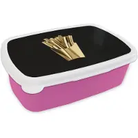 MuchoWow Broodtrommel Roze - Lunchbox Friet - Goud - Chrome - Eten - Brooddoos 18x12x6 cm - Brood lunch box - Broodtrommels voor kinderen en volwassenen