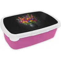 MuchoWow Broodtrommel Roze - Lunchbox Felgekleurd - Bloemen - Vaas - Brooddoos 18x12x6 cm - Brood lunch box - Broodtrommels voor kinderen en volwassenen