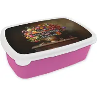 MuchoWow Broodtrommel Roze - Lunchbox Kleur - Bloemen - Vintage - Bloemenvaas - Brooddoos 18x12x6 cm - Brood lunch box - Broodtrommels voor kinderen en volwassenen