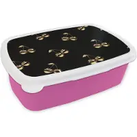 MuchoWow Broodtrommel Roze - Lunchbox Patroon - Kersen - Goud - Chrome - Brooddoos 18x12x6 cm - Brood lunch box - Broodtrommels voor kinderen en volwassenen