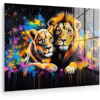 MuchoWow Glasschilderij 160x120 cm - Schilderij acrylglas - Leeuwen - Schilderij - Kleuren - Foto op glas - Muurdecoratie woonkamer - Wanddecoratie slaapkamer - Schilderijen